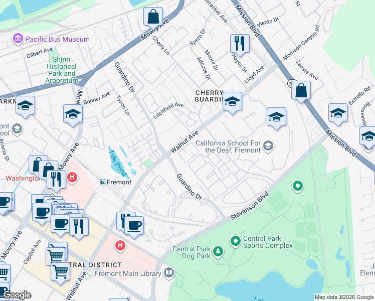 map of restaurants, bars, coffee shops, grocery stores, and more near 914 Walnut Avenue in Fremont