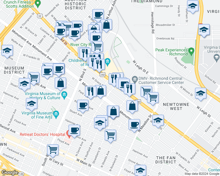 map of restaurants, bars, coffee shops, grocery stores, and more near 803 North Robinson Street in Richmond