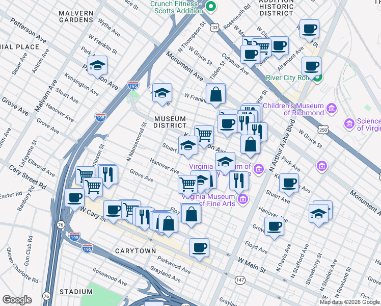 map of restaurants, bars, coffee shops, grocery stores, and more near 411 Tilden Street in Richmond