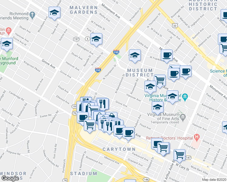 map of restaurants, bars, coffee shops, grocery stores, and more near in Richmond