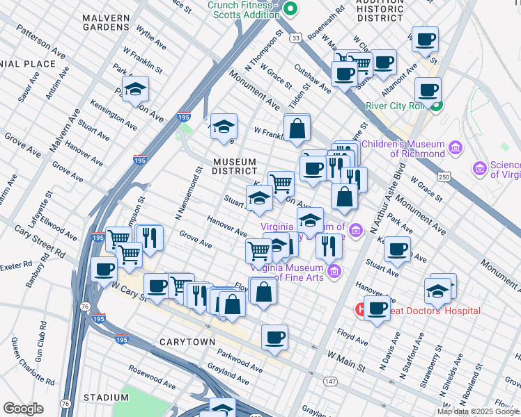 map of restaurants, bars, coffee shops, grocery stores, and more near 3222 Stuart Avenue in Richmond