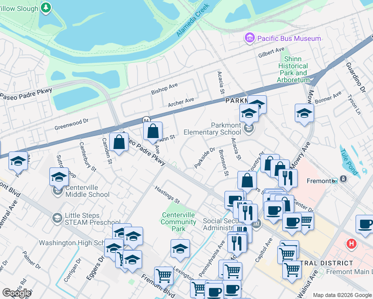 map of restaurants, bars, coffee shops, grocery stores, and more near 2662 Forrest Court in Fremont