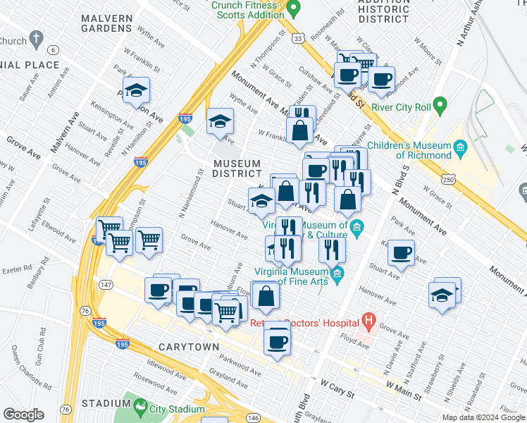 map of restaurants, bars, coffee shops, grocery stores, and more near 3222 Stuart Avenue in Richmond