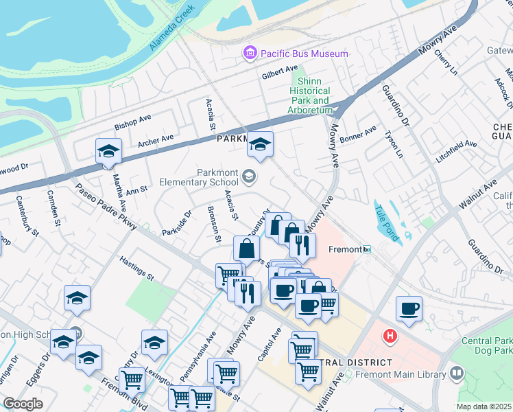 map of restaurants, bars, coffee shops, grocery stores, and more near 38548 Knute Court in Fremont