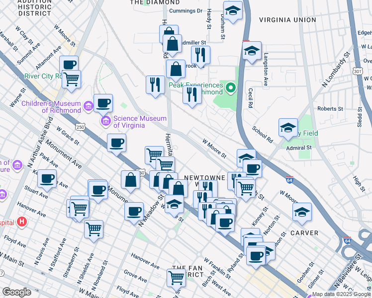 map of restaurants, bars, coffee shops, grocery stores, and more near 1942 West Leigh Street in Richmond