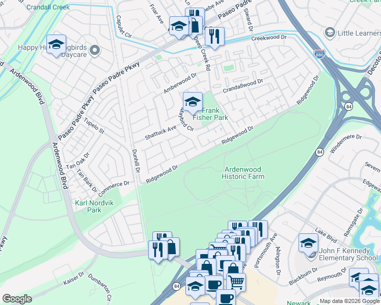map of restaurants, bars, coffee shops, grocery stores, and more near 34513 Alberta Terrace in Fremont