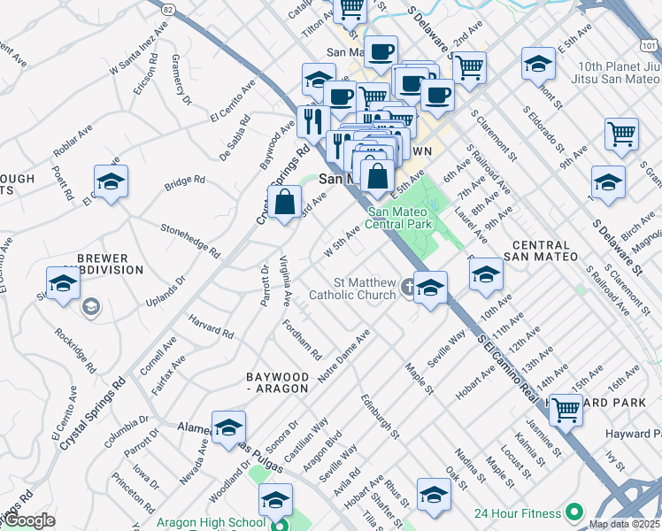 map of restaurants, bars, coffee shops, grocery stores, and more near 75 West 5th Avenue in San Mateo