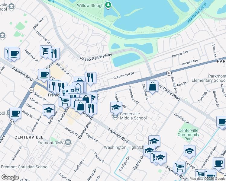 map of restaurants, bars, coffee shops, grocery stores, and more near 3467 California 84 in Fremont