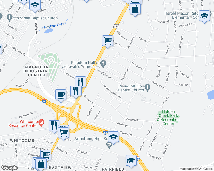 map of restaurants, bars, coffee shops, grocery stores, and more near 104 Montezuma Avenue in Richmond