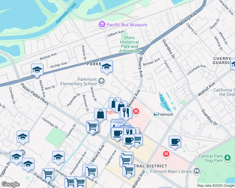 map of restaurants, bars, coffee shops, grocery stores, and more near 38551 Botany Green in Fremont