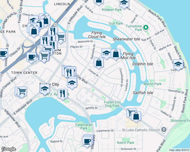 map of restaurants, bars, coffee shops, grocery stores, and more near 764 Comet Drive in Foster City