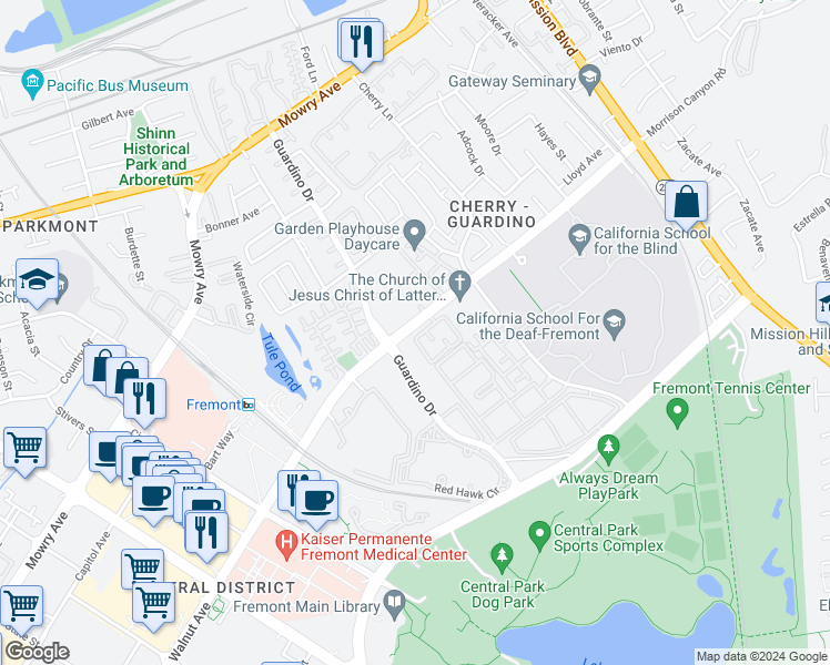 map of restaurants, bars, coffee shops, grocery stores, and more near 1024 Walnut Avenue in Fremont
