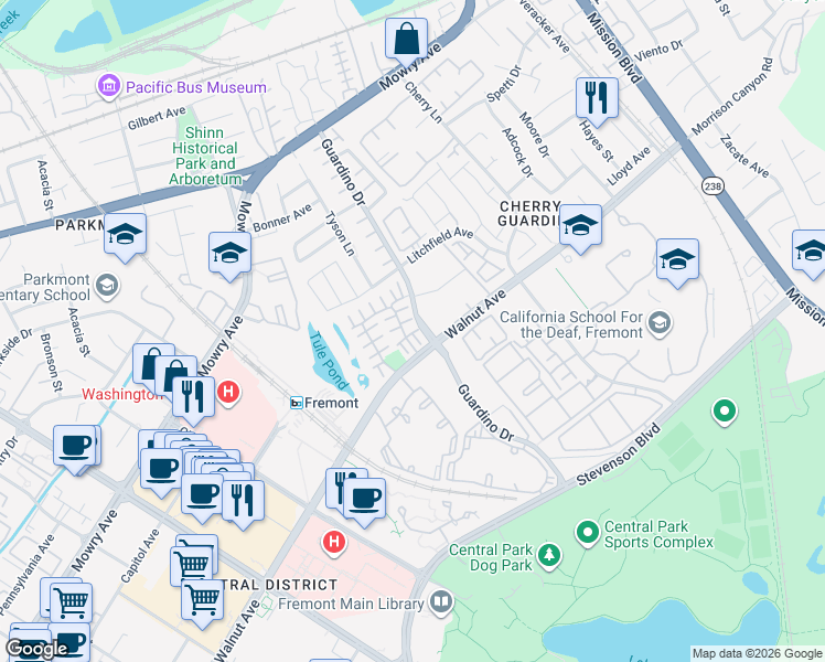 map of restaurants, bars, coffee shops, grocery stores, and more near 1087 Vardin Terrace in Fremont