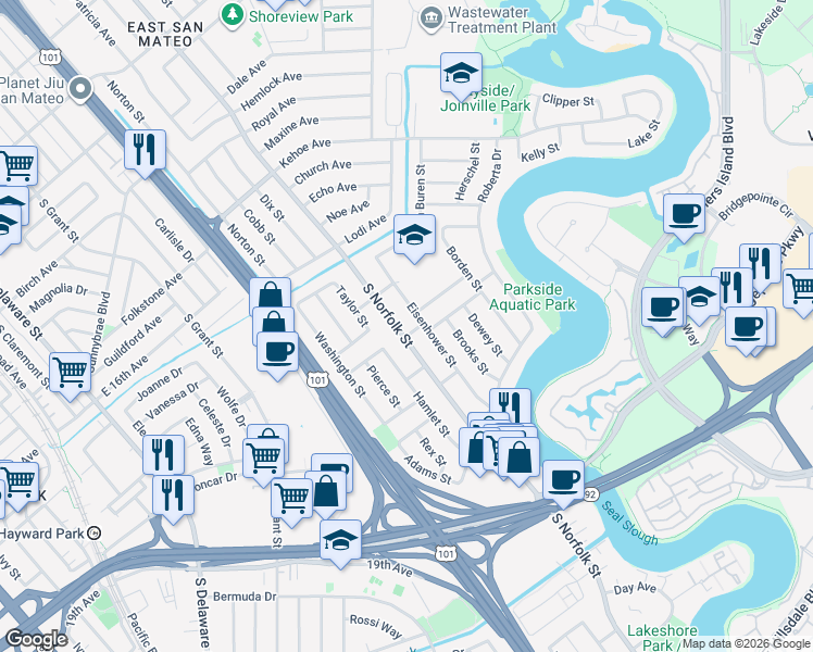 map of restaurants, bars, coffee shops, grocery stores, and more near 1701 Eisenhower Street in San Mateo