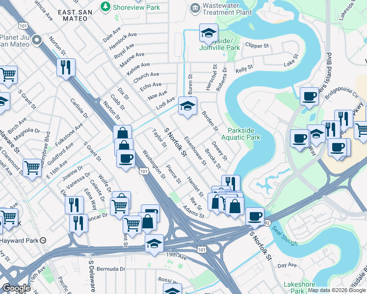 map of restaurants, bars, coffee shops, grocery stores, and more near 1701 Eisenhower Street in San Mateo