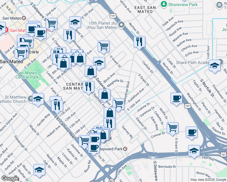 map of restaurants, bars, coffee shops, grocery stores, and more near 611 Harrow Avenue in San Mateo