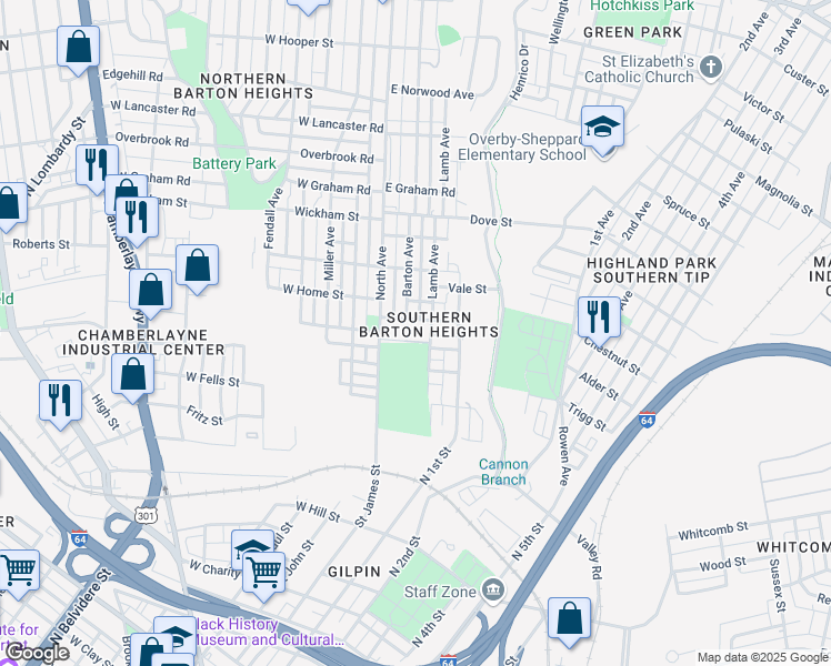 map of restaurants, bars, coffee shops, grocery stores, and more near in Richmond