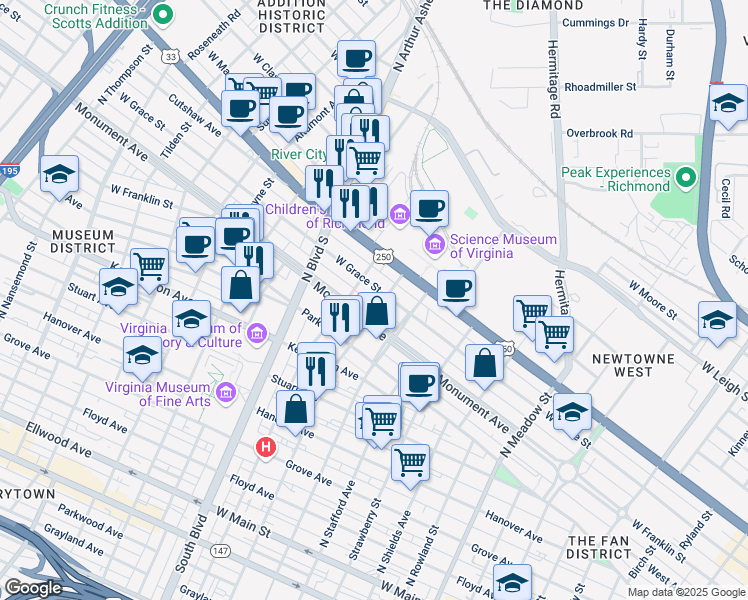 map of restaurants, bars, coffee shops, grocery stores, and more near 2627 West Grace Street in Richmond