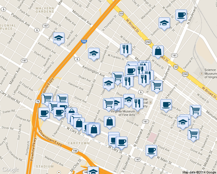 map of restaurants, bars, coffee shops, grocery stores, and more near 411 Tilden Street in Richmond