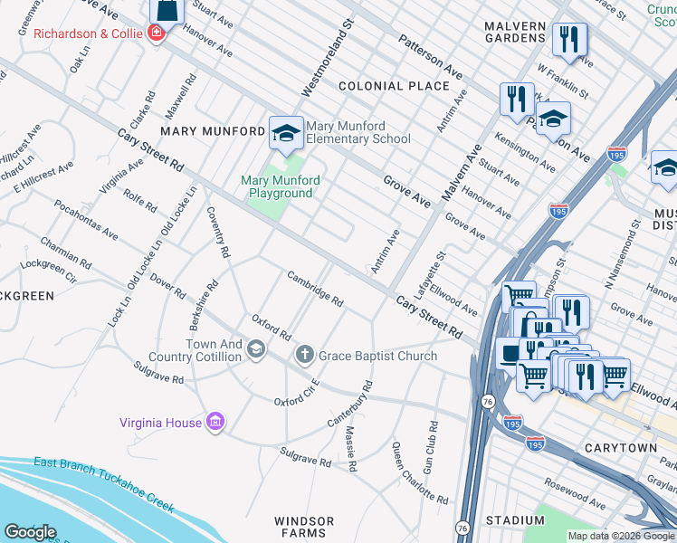 map of restaurants, bars, coffee shops, grocery stores, and more near 1 Windsor Way in Richmond