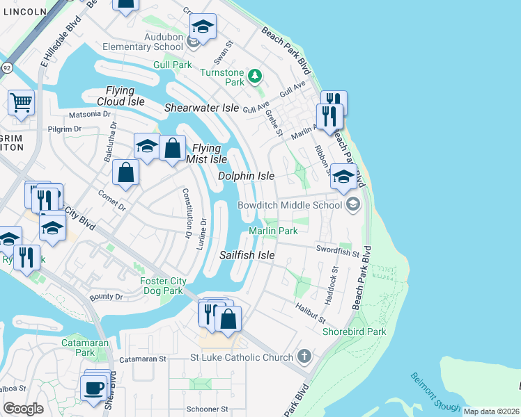 map of restaurants, bars, coffee shops, grocery stores, and more near 1150 Flying Fish Street in Foster City