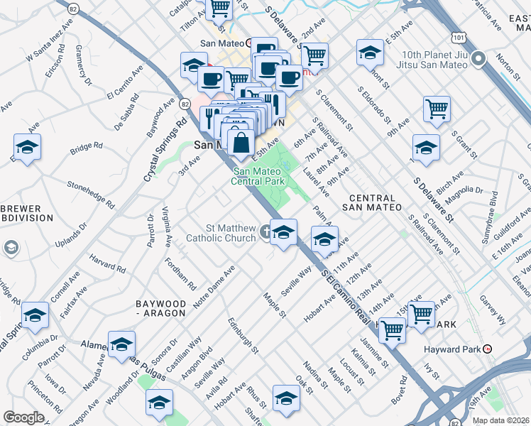 map of restaurants, bars, coffee shops, grocery stores, and more near 521 East Capistrano Way in San Mateo