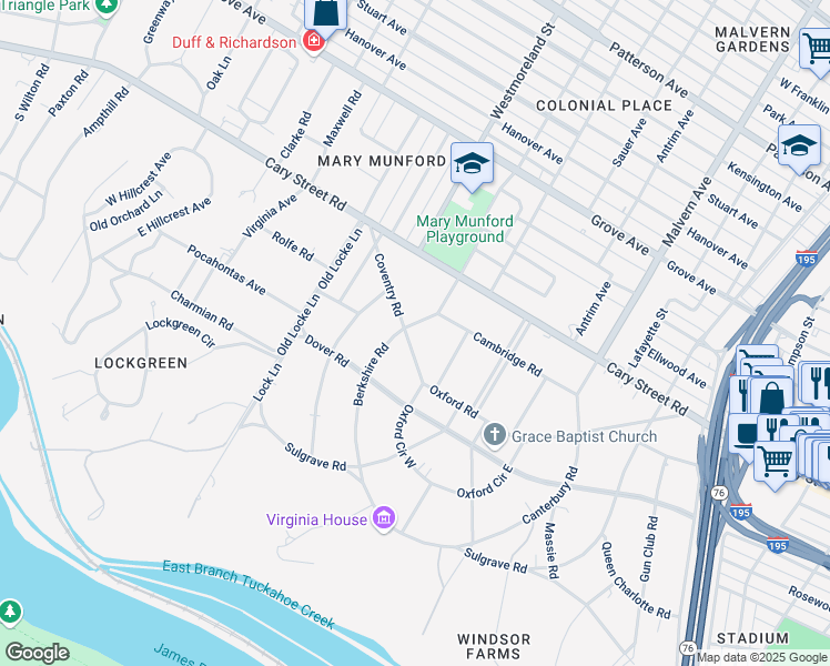 map of restaurants, bars, coffee shops, grocery stores, and more near 4314 Coventry Road in Richmond