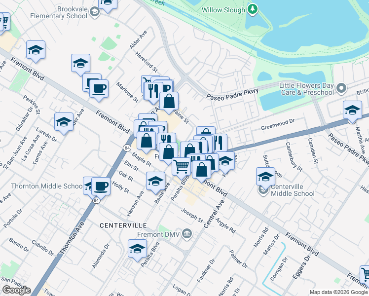 map of restaurants, bars, coffee shops, grocery stores, and more near 3858 Bonde Way in Fremont
