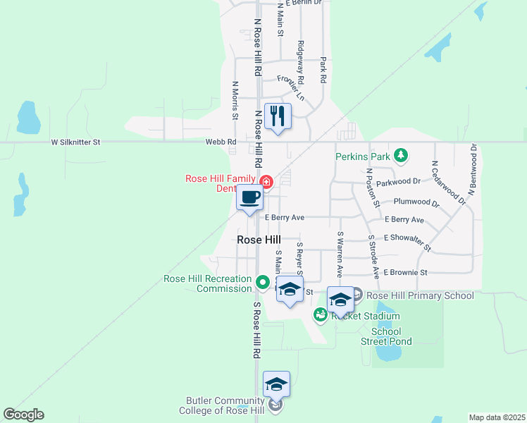 map of restaurants, bars, coffee shops, grocery stores, and more near 104 North Rose Hill Road in Rose Hill