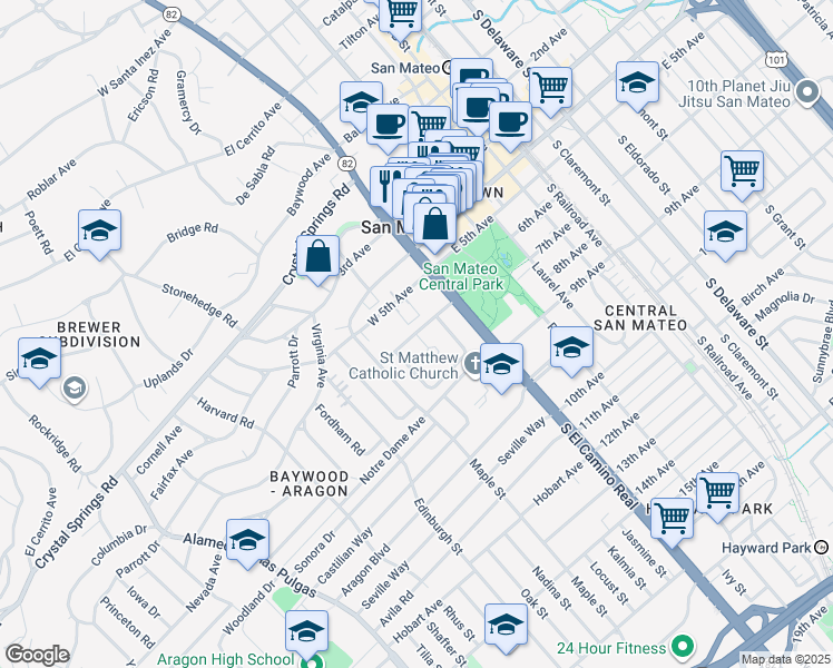 map of restaurants, bars, coffee shops, grocery stores, and more near Mission Dr & Carmel Cir in San Mateo