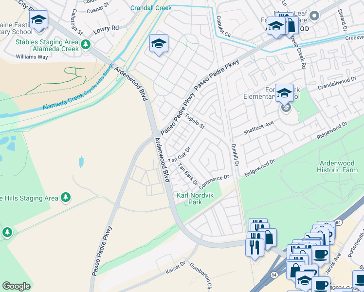 map of restaurants, bars, coffee shops, grocery stores, and more near 5643 Via Lugano in Fremont