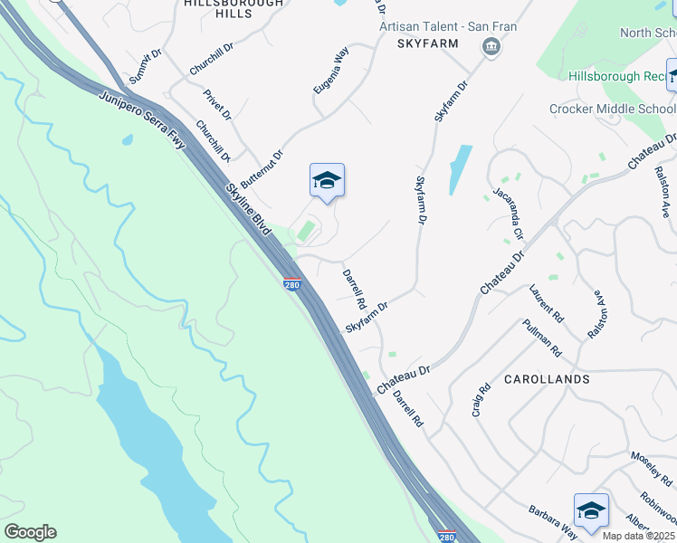 map of restaurants, bars, coffee shops, grocery stores, and more near 855 Darrell Road in Hillsborough