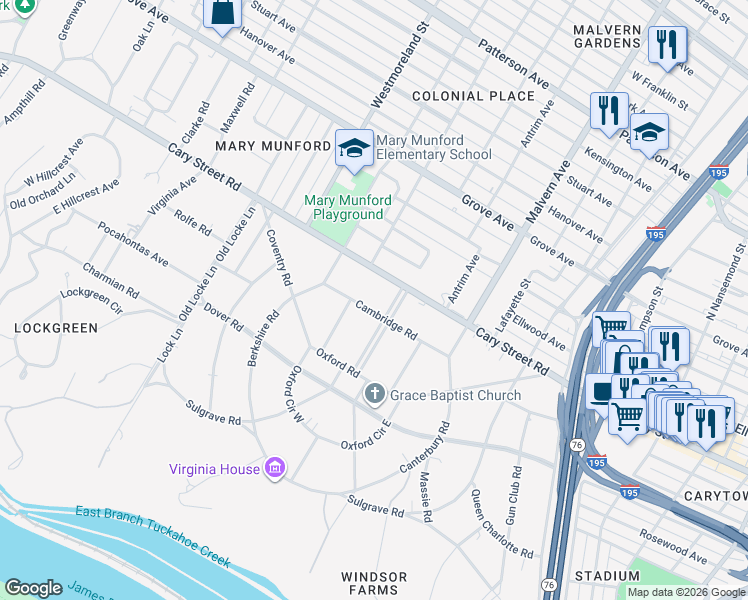 map of restaurants, bars, coffee shops, grocery stores, and more near 4304 Cambridge Road in Richmond