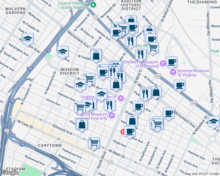 map of restaurants, bars, coffee shops, grocery stores, and more near 510 North Sheppard Street in Richmond