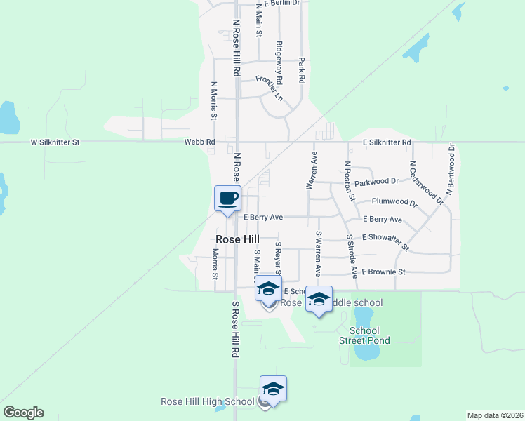 map of restaurants, bars, coffee shops, grocery stores, and more near 107 North Main Street in Rose Hill