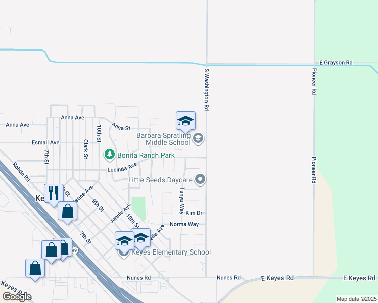 map of restaurants, bars, coffee shops, grocery stores, and more near 5277 Washington Road in Hughson