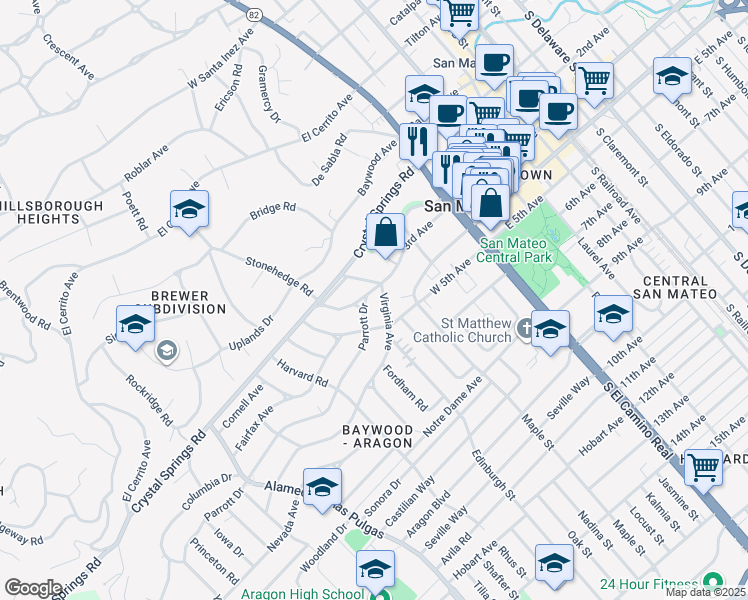 map of restaurants, bars, coffee shops, grocery stores, and more near 221 Parrott Drive in San Mateo