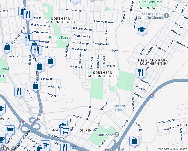 map of restaurants, bars, coffee shops, grocery stores, and more near 3 Poe Street in Richmond