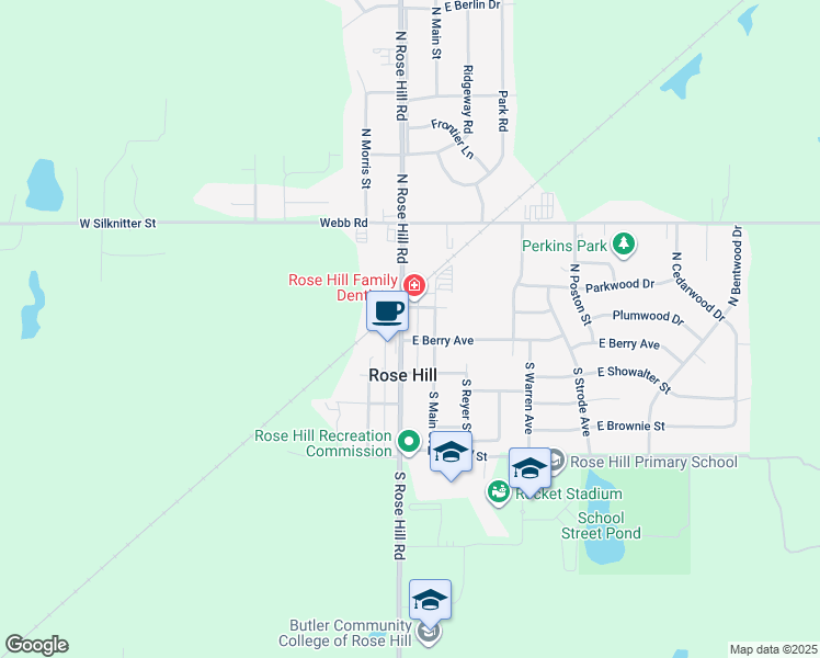 map of restaurants, bars, coffee shops, grocery stores, and more near 104 North Rose Hill Road in Rose Hill