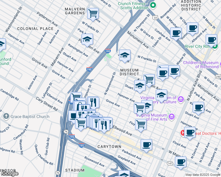 map of restaurants, bars, coffee shops, grocery stores, and more near 3436 Hanover Avenue in Richmond