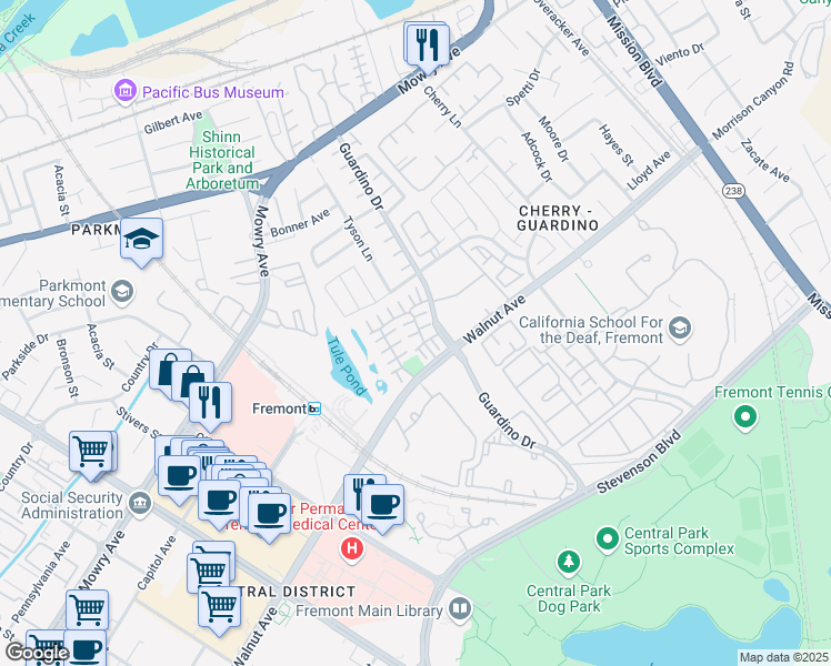 map of restaurants, bars, coffee shops, grocery stores, and more near 1087 Vardin Terrace in Fremont