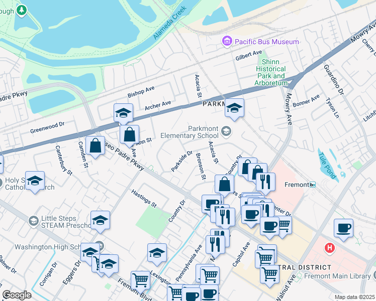 map of restaurants, bars, coffee shops, grocery stores, and more near 38058 Inez Avenue in Fremont