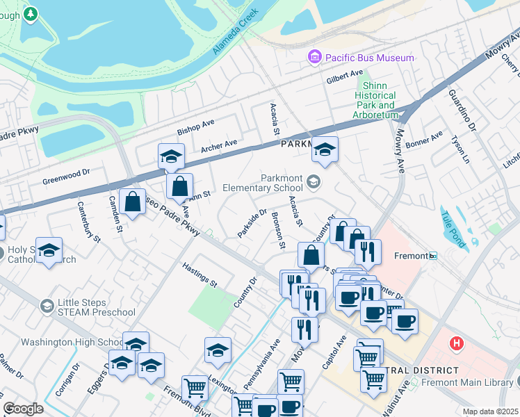 map of restaurants, bars, coffee shops, grocery stores, and more near 38058 Inez Avenue in Fremont