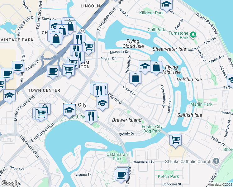 map of restaurants, bars, coffee shops, grocery stores, and more near 707 Foster City Boulevard in Foster City