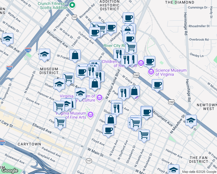 map of restaurants, bars, coffee shops, grocery stores, and more near 604 North Arthur Ashe Boulevard in Richmond