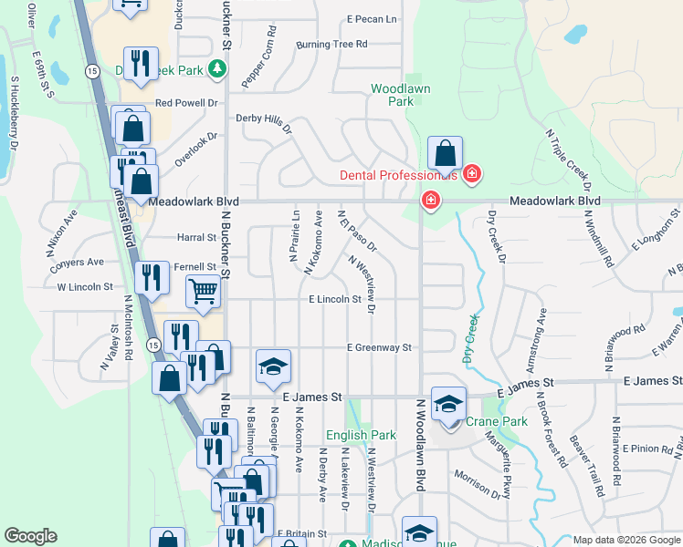 map of restaurants, bars, coffee shops, grocery stores, and more near 1340 North Lakeview Drive in Derby