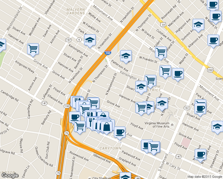map of restaurants, bars, coffee shops, grocery stores, and more near 3436 Hanover Avenue in Richmond