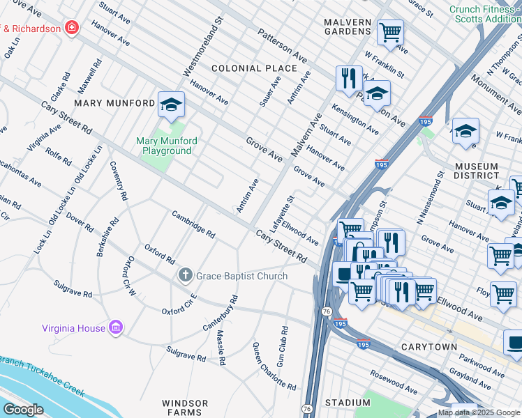 map of restaurants, bars, coffee shops, grocery stores, and more near 14 Malvern Avenue in Richmond