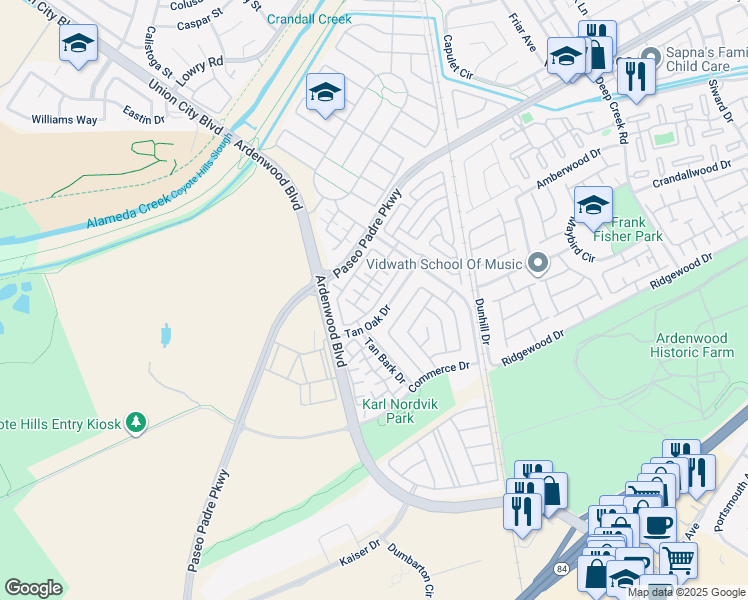 map of restaurants, bars, coffee shops, grocery stores, and more near 5621 Via Lugano in Fremont