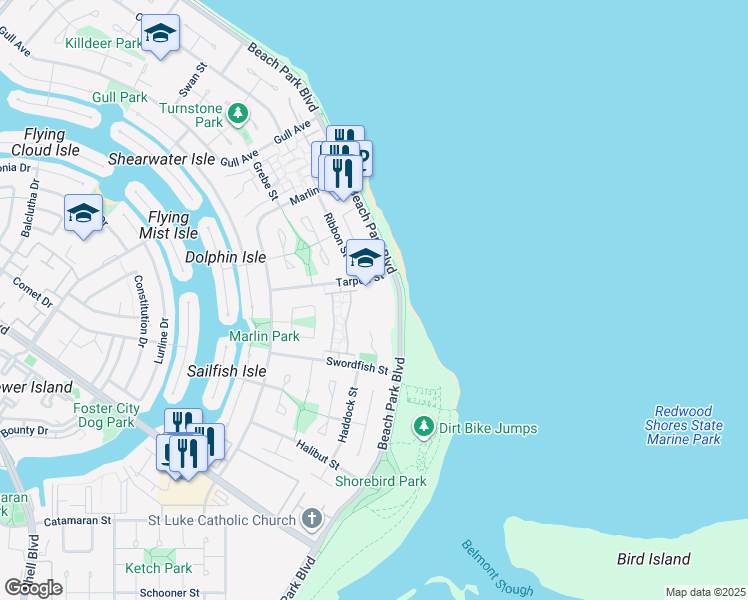 map of restaurants, bars, coffee shops, grocery stores, and more near 1450 Tarpon Street in Foster City